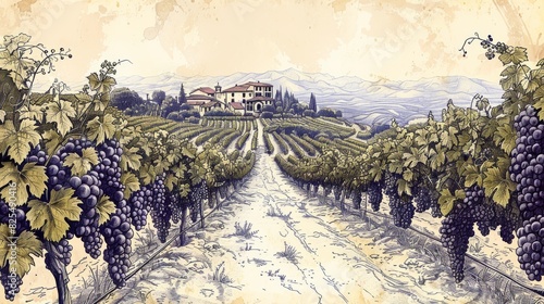 An illustration of a vineyard with rows of grape vines and a house. Simple line drawing illustration style.