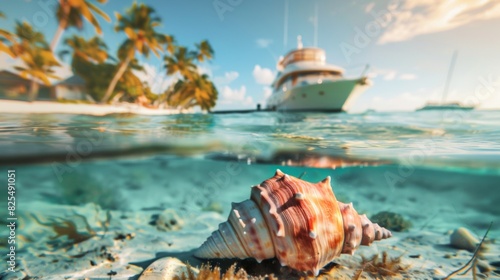 Beautiful conch underwater with tropical palm tree island and yacht in sea.