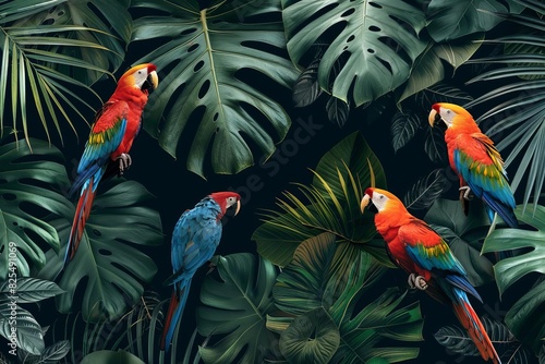 vintage tropical palm leaves and exotic birds on black background jungle wallpaper