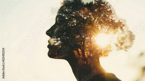 The photo is a surreal portrait of a woman with a forest in her head