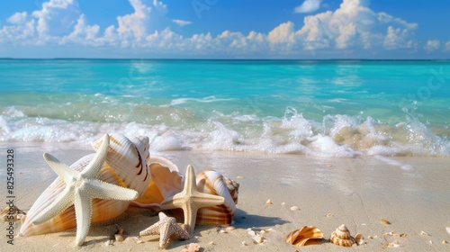 Shells Sea. Beautiful Blue Caribbean Beach Background with Sea Shells and Starfish