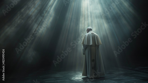 Pope standing in the dark, backlit by light rays from above