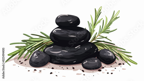 Black basalt massage stones and rosemary herbs spa