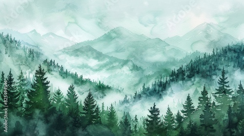 Mountain Water Color. Green Forest with Pine Trees Watercolor Illustration for Landscape Design
