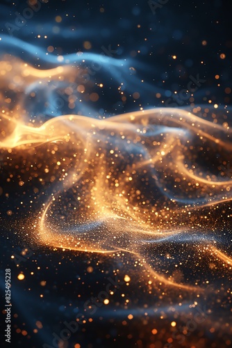 Abstract digital art of glowing particles flowing and swirling in dark space.