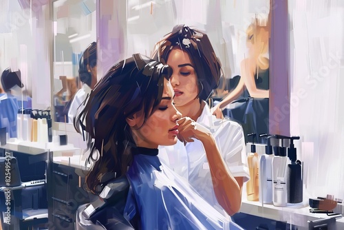 woman getting haircut from hairstylist at modern hair salon digital painting