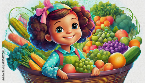oil painting style CARTOON CHARACTER baby girl Smiling shopping for groceries fruits and vegetables in a grocery