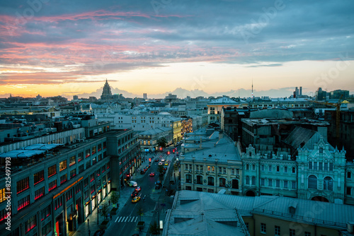 Awe aerial panorama of Moscow with Negkinnaya street, distant Business center Oruzheiny and Ostankino TV tower