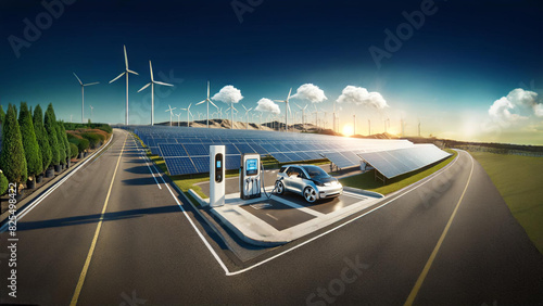 Renewable Energy Hub: Electric Vehicles Charging at a Solar and Wind Powered Station. A renewable energy hub with electric vehicles charging at a station powered by solar panels and wind turbines.