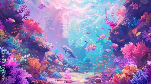 Whimsical underwater scene with a whale and coral reef for kids and summer designs