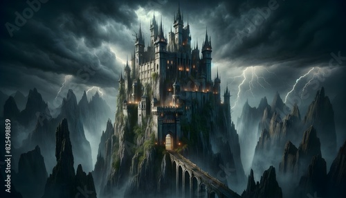 A terrifying castle perched on a rocky cliff, surrounded by lightning storms and dark, foreboding mountains, exuding a horrific and menacing presence.