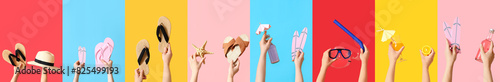 Collage of beach accessories on color background