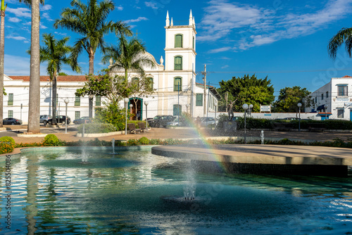 Itu, Sao Paulo, Brazil, March 10, 2022. Fountain at Independencia Square with the Our Lady of Carmo Convent and Seminary, an architectural complex built from 1719 onwards by Carmelite friars, in Itu