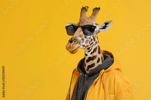 A giraffe wearing a yellow jacket and blue hoodie with sunglasses on its face. The giraffe is posing for a photo, giving off a fun and playful vibe