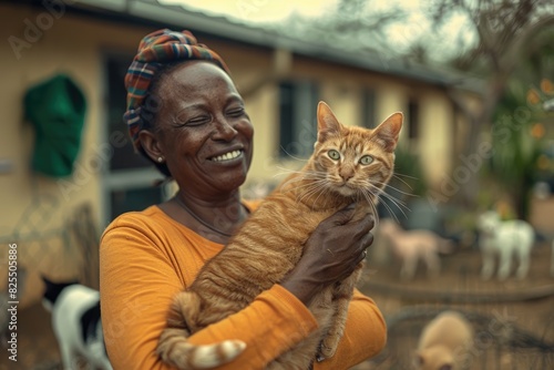 Una mujer afroamericana feliz y cariñosa sostiene un gato atigrado naranja, en el patio de un hermoso refugio de animales con otros animales domésticos afuera en el patio.