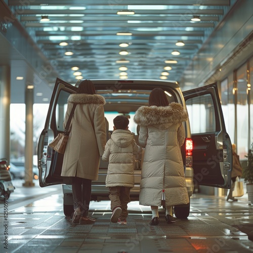 mujeres asiáticas adultas y un niño asiático desde atrás, preparándose para abordar un vehículo de alquiler en un aeropuerto en una ciudad moderna