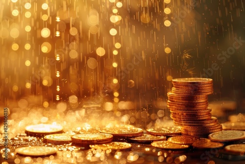  monedas de oro cayendo como una cascada sobre una creciente pila, simbolizando un flujo continuo y sustancial de ingresos. La escena está llena de la imaginería de la prosperidad y el éxito.