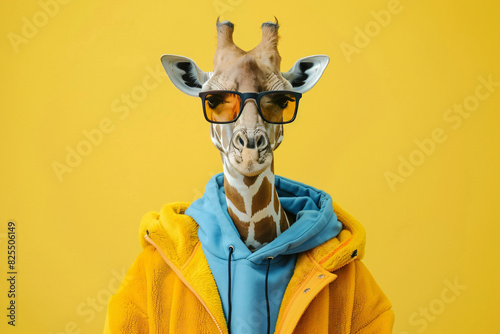 A giraffe wearing a yellow jacket and blue hoodie with sunglasses on its face. The giraffe is posing for a photo, giving off a fun and playful vibe