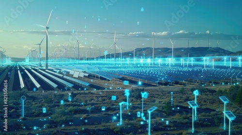 Una visión futurista de un parque solar y eólico con una gran cantidad de datos fluyendo en la inteligencia artificial.
