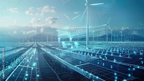 Una visión futurista de un parque solar y eólico con una gran cantidad de datos fluyendo en la inteligencia artificial.