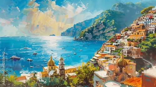 Beautiful painting post card view of the town of Positano from antique terrace with flowers
