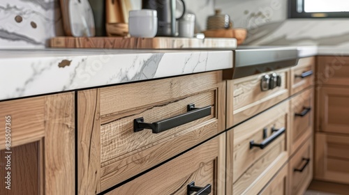 Lower kitchen cabinets with wood trim closeup with black metal handles Interior of the corner kitchen Marble backsplash