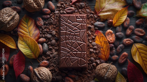 Top view composition of chocolate bar, nuts and pieces cacao beans on a black background