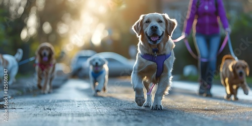 Dogs on leashes enjoying a sunny stroll. Concept Pets, Dogs, Outdoors, Sunny Day, Leash