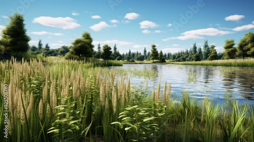 A photo of a serene pond surrounded by cattails.