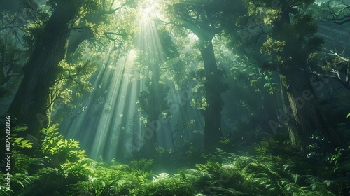Majestic forest with towering ancient trees, sunlight filtering through dense foliage, highresolution and serene