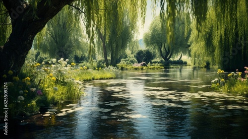 A photo of a serene pond surrounded by weeping willow