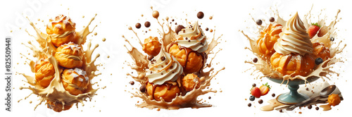 profiterole french dessert soufflé cream puffs with splash isolated png