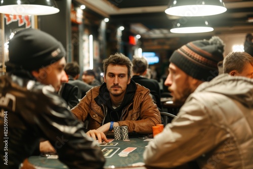 A group of men are sharing a table, playing poker indoors