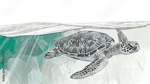  A monochromatic illustration depicting a turtle submerged in a watery expanse, with a wave originating from its shell