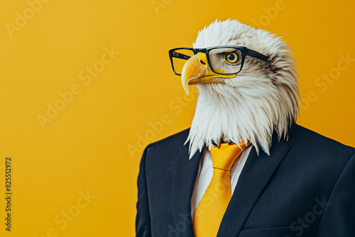 A bald eagle wearing glasses and a suit with a yellow tie