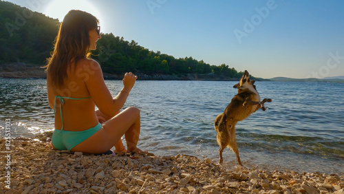 Woman spends sunny day on beautiful pebble beach playing with her energetic dog. Smiling lady in bikini sits on the shore and throws pebbles to her doggo. They enjoy summer holidays at the seaside.