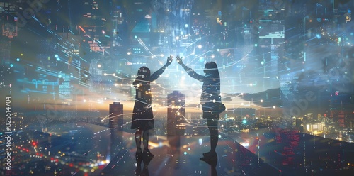 double exposure .Three business people doing a high five gesture with hologram digital technology and a city background