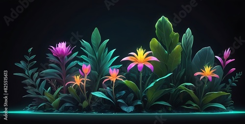 isolated on dark gardient background with copy space, neon Garden Plants concept, illustration