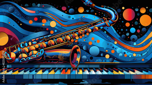 illustration of a saxophone and piano keyboard