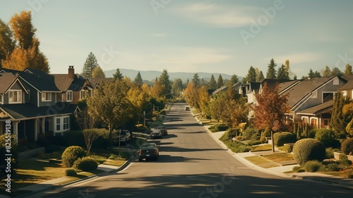 A photo of a suburban neighborhood with tree-lined street
