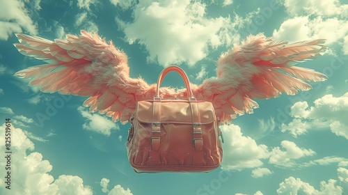 Winged Cute Bag in Flight: A Side View Cartoon Illustration with Lively Colors Against a Clear Sky