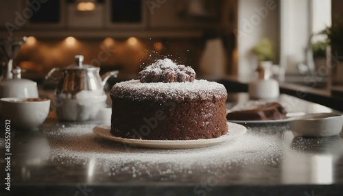 chocolate cake on a modern kitchen counter with powered sugar on top