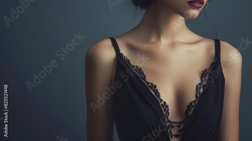 cropped view of woman in elegant black dress fashion photography