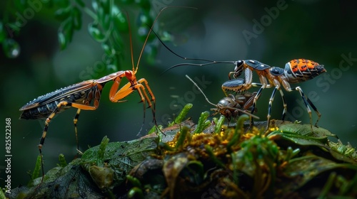 Dramatic predatory insects hunting prey. circle of life on plants in insect world