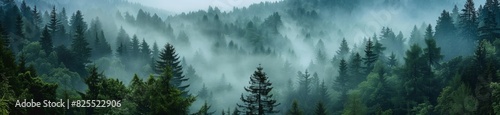 panoramic photo of a pine forest in the mountains on a misty morning Generative AI