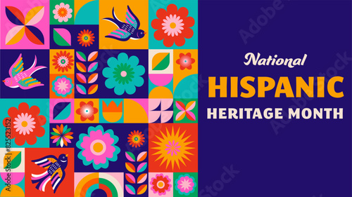 National hispanic heritage month celebration. Background, banner and card with flowers. Geometric colorful concept design floral pattern