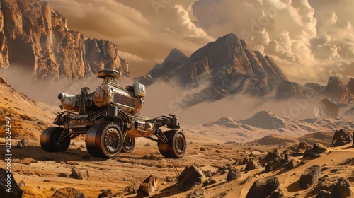 robotic rover exploring rugged alien planet landscape highresolution scientific instruments 16k ultra hd digital painting