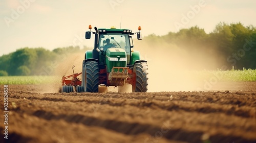 A photo of a tractor sowing seeds in a plowed field.