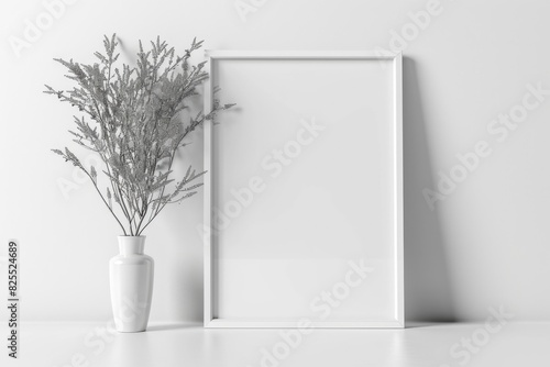 White Frame Mockup. Minimalist Gallery Poster Picture on White Wall
