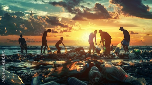 volunteer efforts to clean up plastic waste at beach during sunset environmental conservation digital art